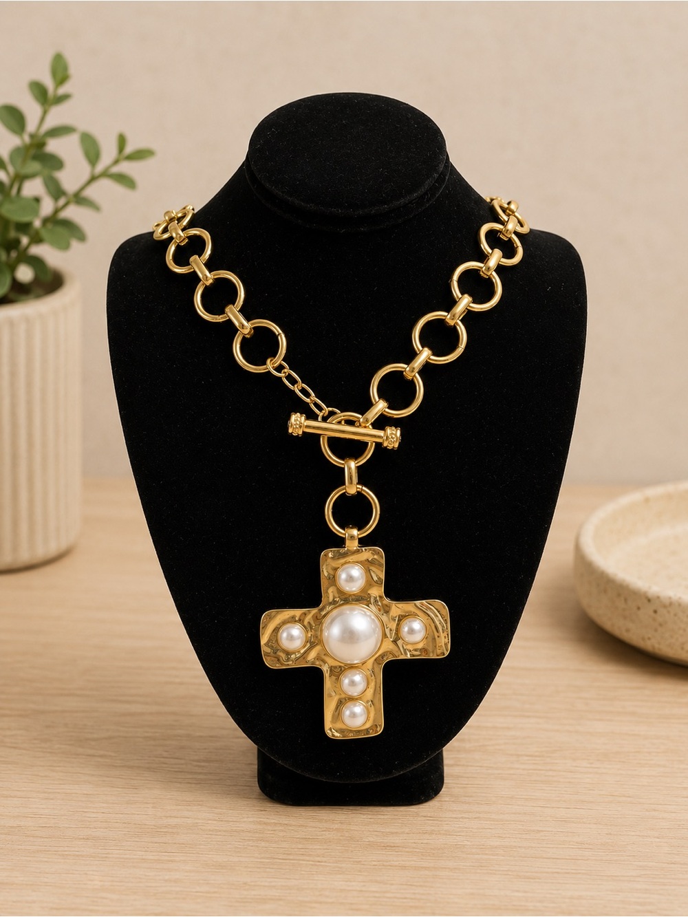 Gold Pearl Cross Statement Necklace - Women Jewelry